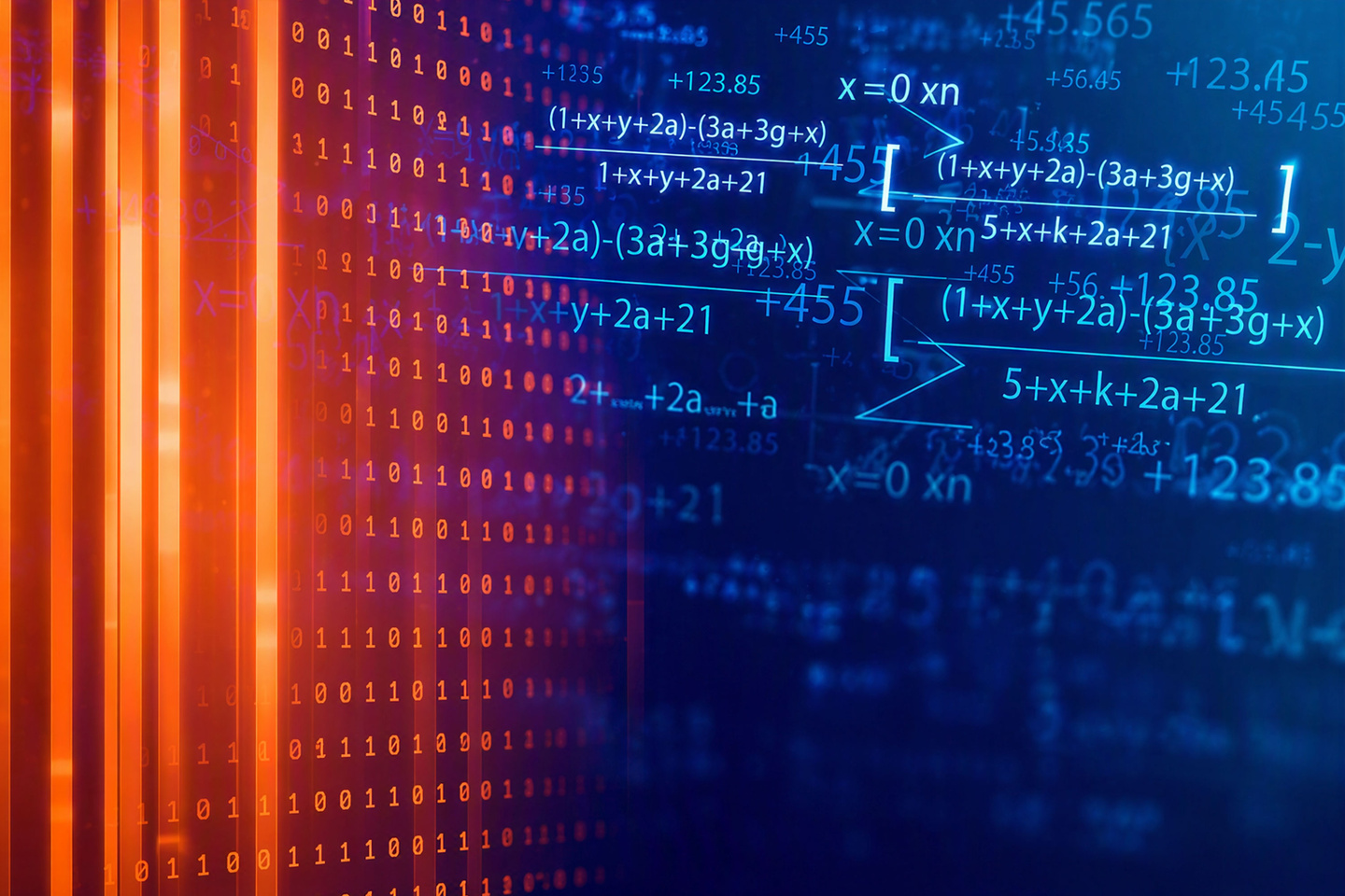 Abstract data background with binary code, math formulas, charts, and neural network diagram.